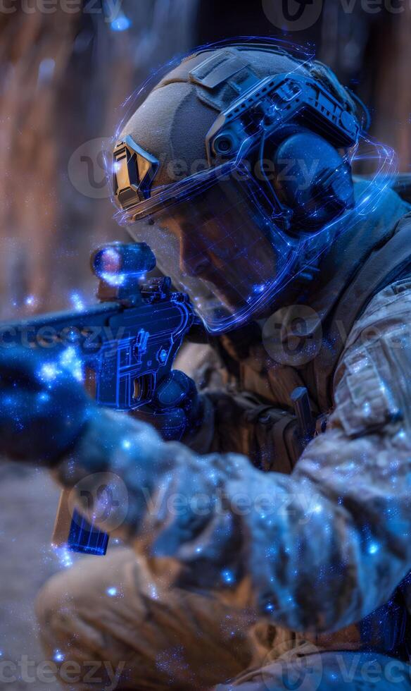 A futuristic soldier armed with a high tech weapon scans the area with digital enhancements photo
