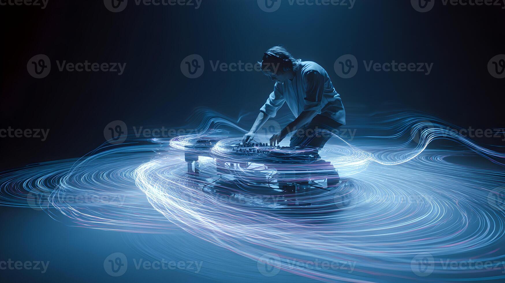 A captivating dj performing surrounded by energetic light trails in a dark atmosphere photo