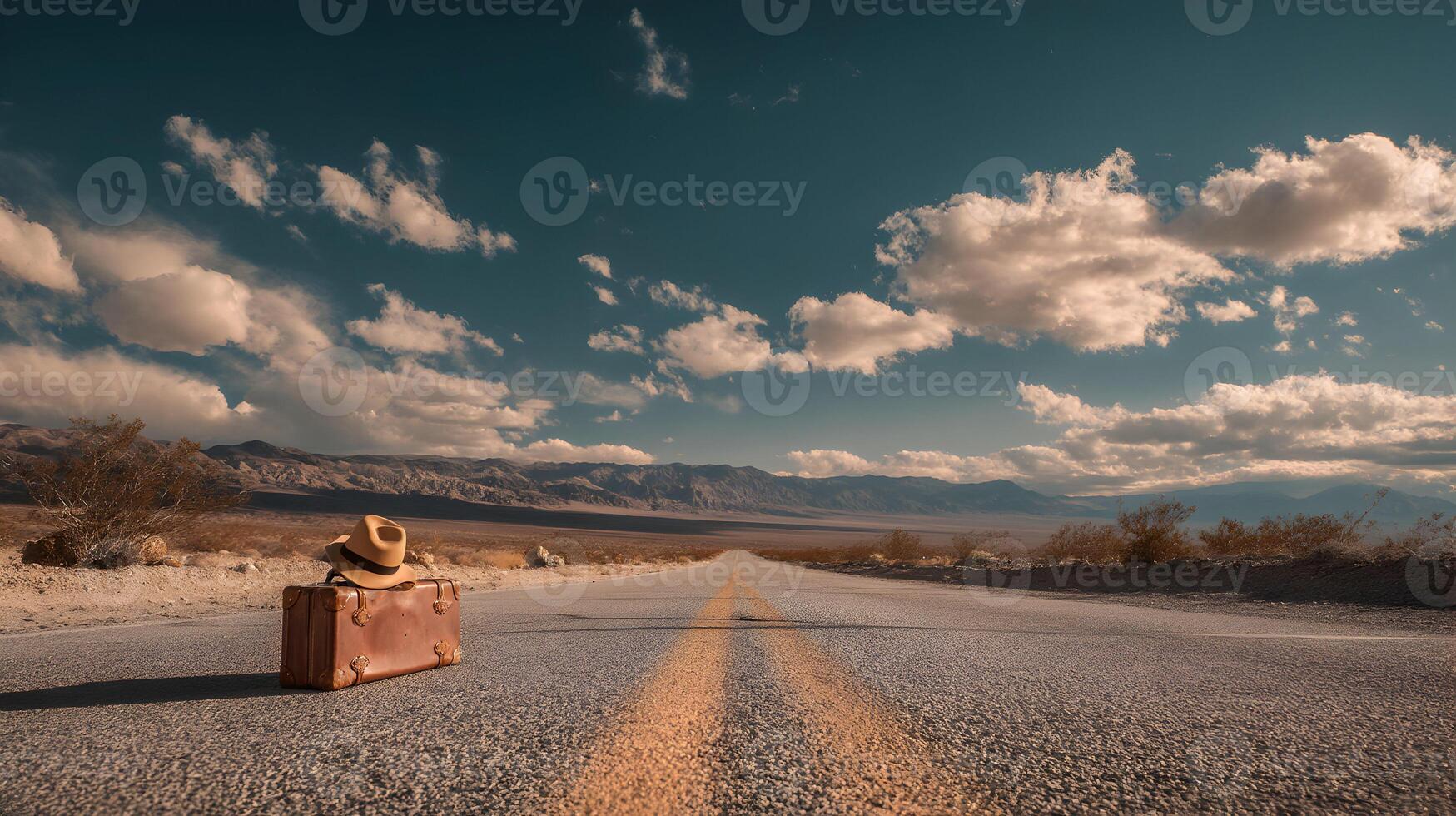 Endless highway beckons with dreams of travel and exploration under the expansive desert sky photo