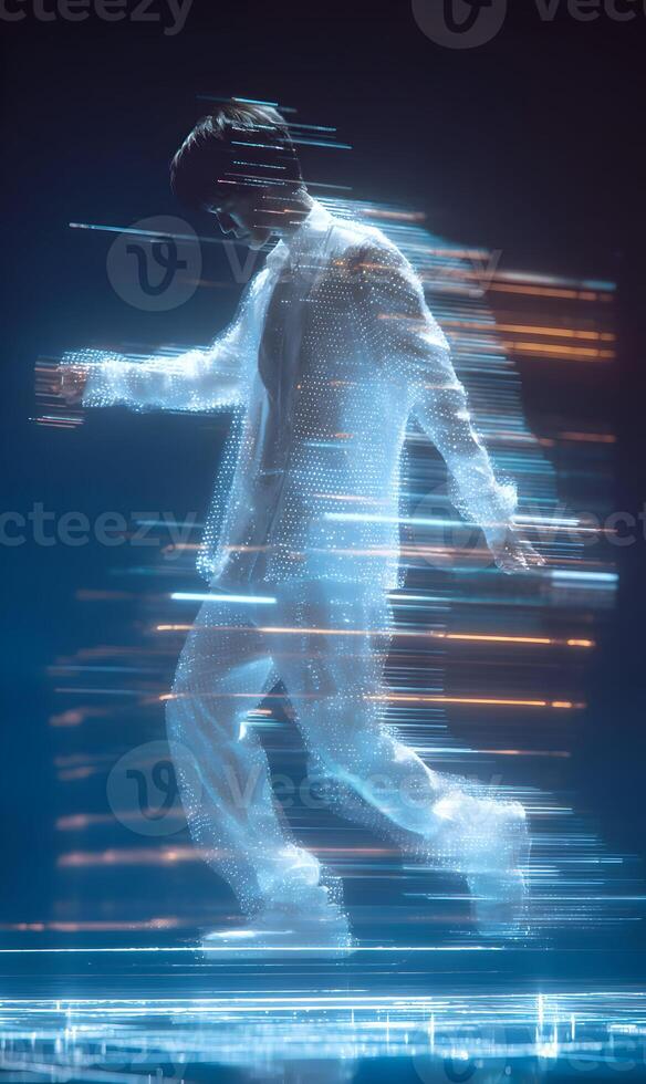 Futuristic figure elegantly moves through a neon-lit world, embracing digital art and illusion photo