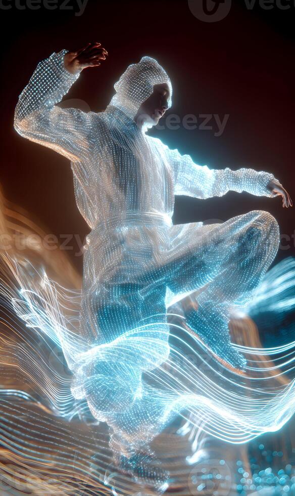 A mystical figure adorned in shimmering lights gracefully poised in midair dance motion photo