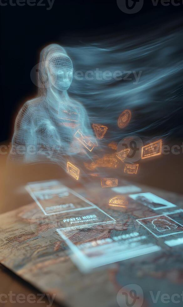 Digital interface showcasing holographic figure interacting with map and data projections photo