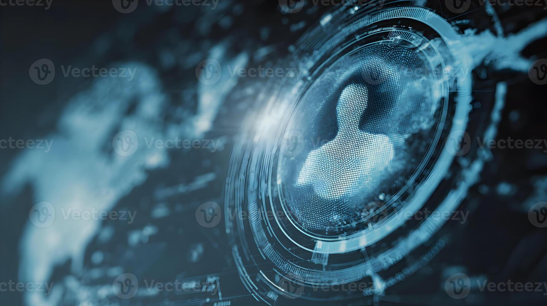 A futuristic digital depiction of a human figure within complex technological interfaces photo