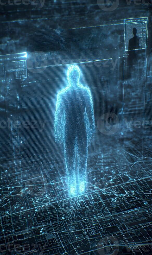 Futuristic hologram of a human figure standing over a complex network map interface photo