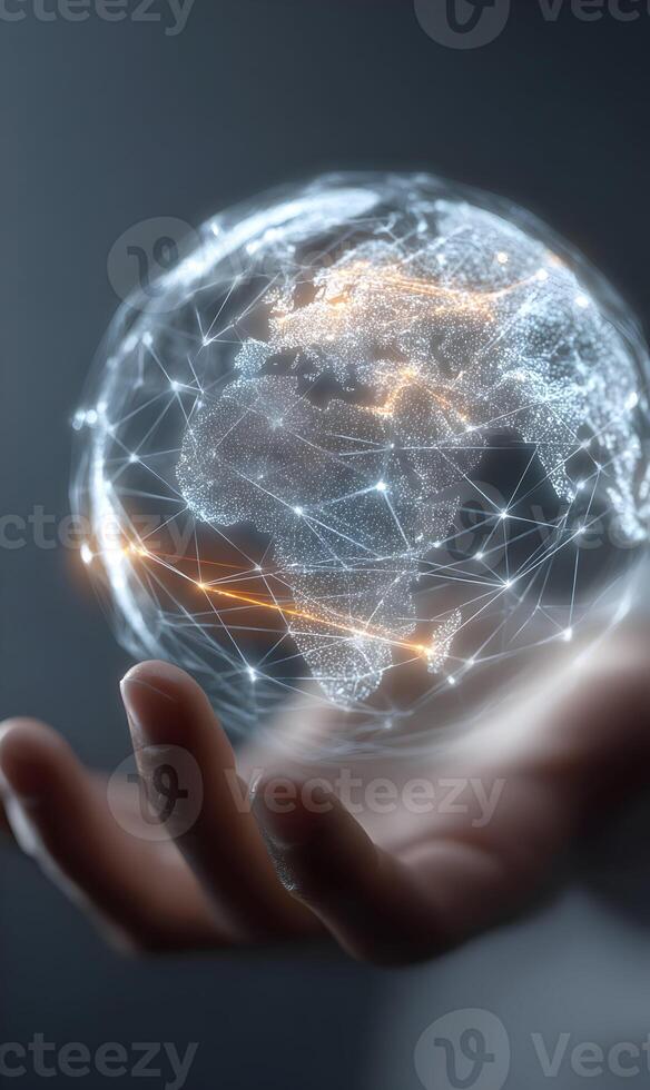 Digital world in the palm of a hand showcasing global connectivity and data networking photo