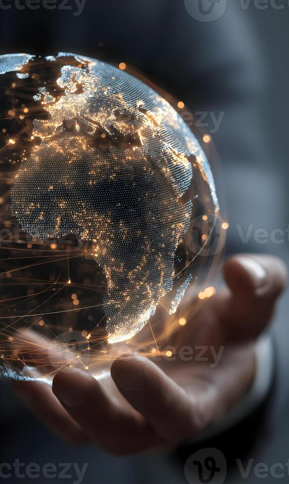 Global network connection on hand depicts worldwide communications and data transfer photo