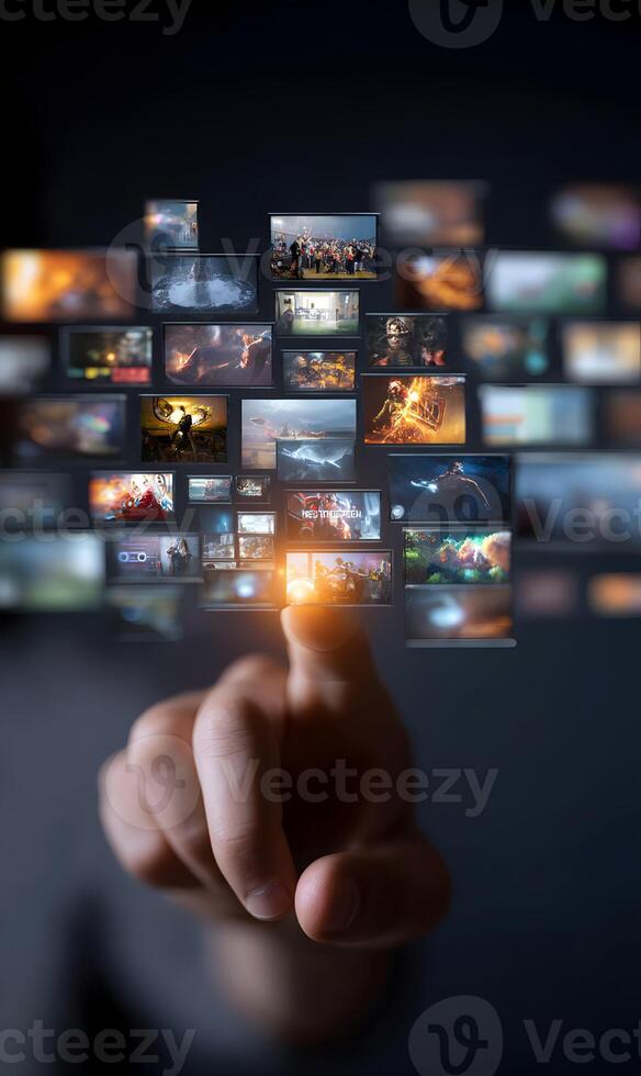 Finger touching screen displays multiple content, digital media technology concept photo