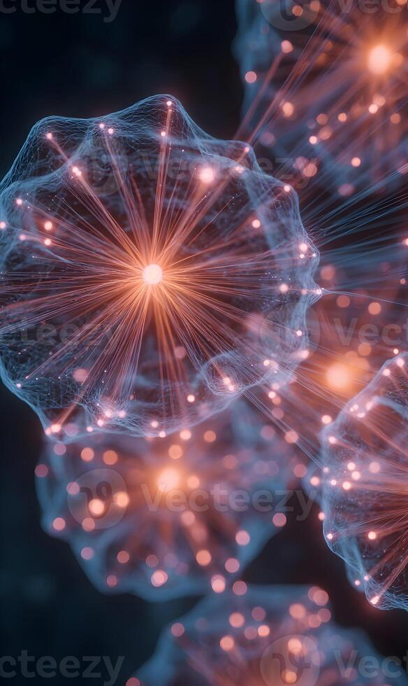 Intricate network of interconnected nodes in a complex neural structure glow in the dark photo