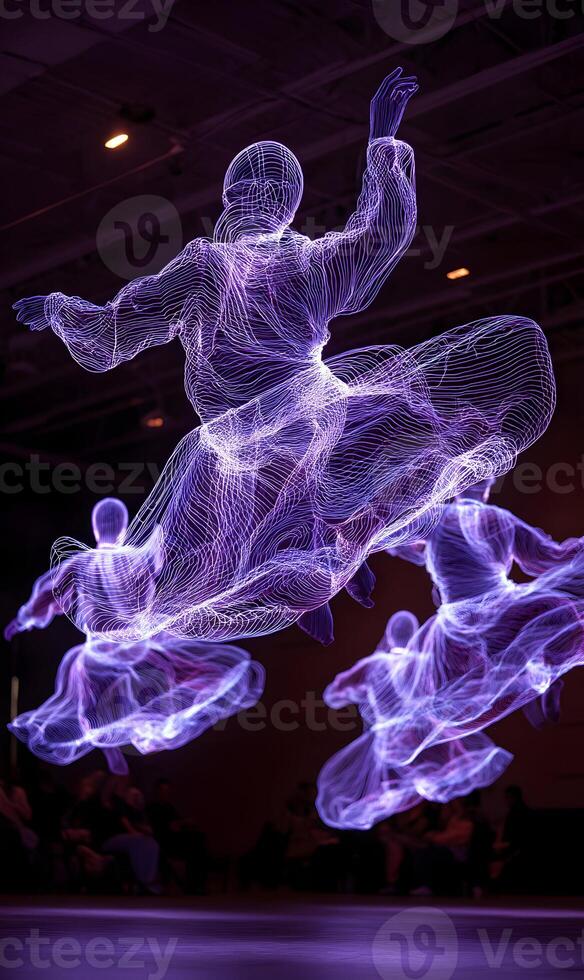 A mesmerizing display of digital dance with ethereal light figures suspended above a crowd photo