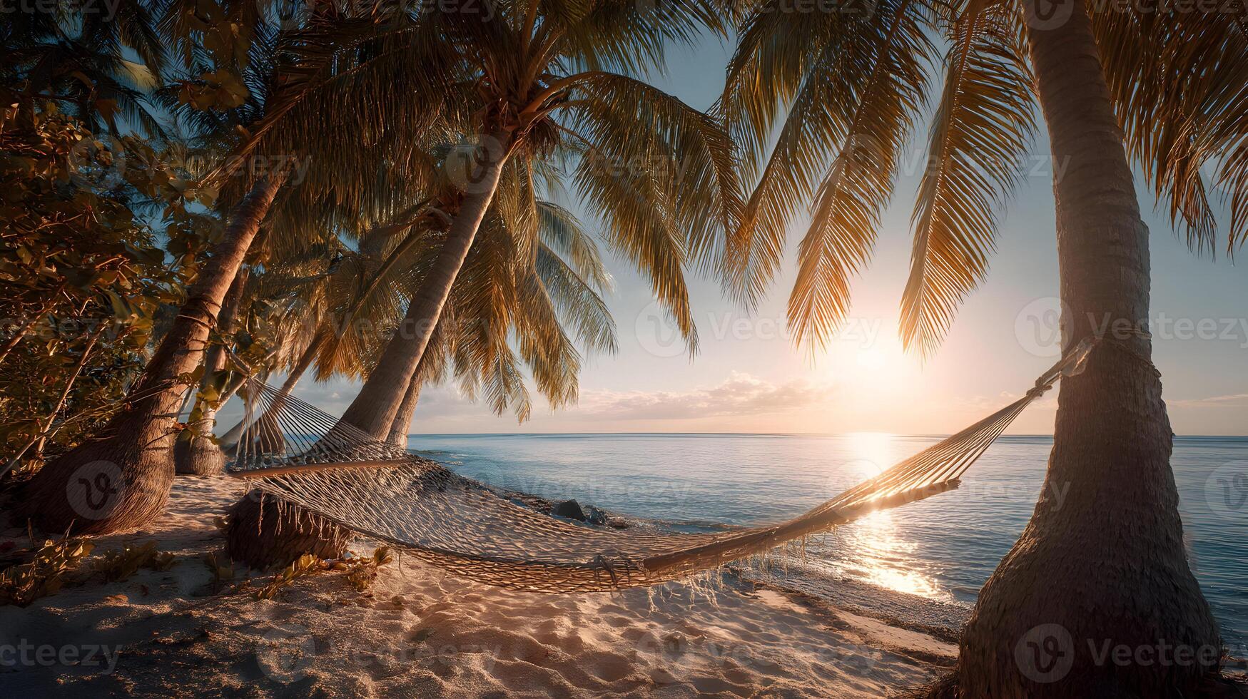 Hammock between palm trees at sunset offers the ultimate relaxing tropical escape photo
