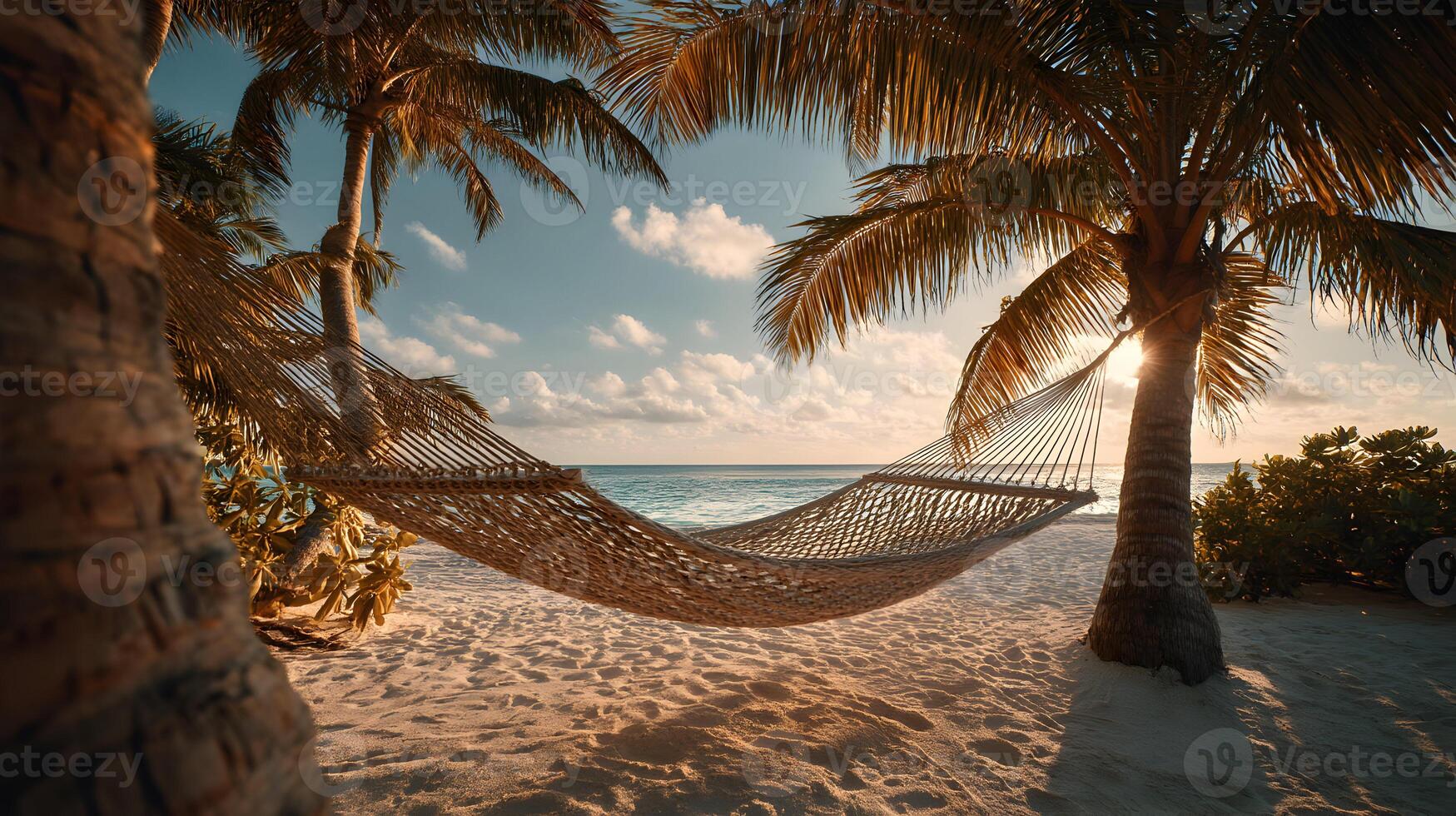 Tranquil escape awaiting in a hammock under swaying palm trees on the shoreline during sunset photo