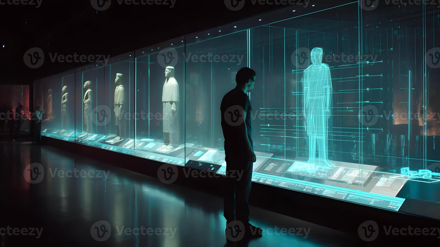 Exploring ancient civilizations a visitor contemplates digital renderings in the museum hall photo