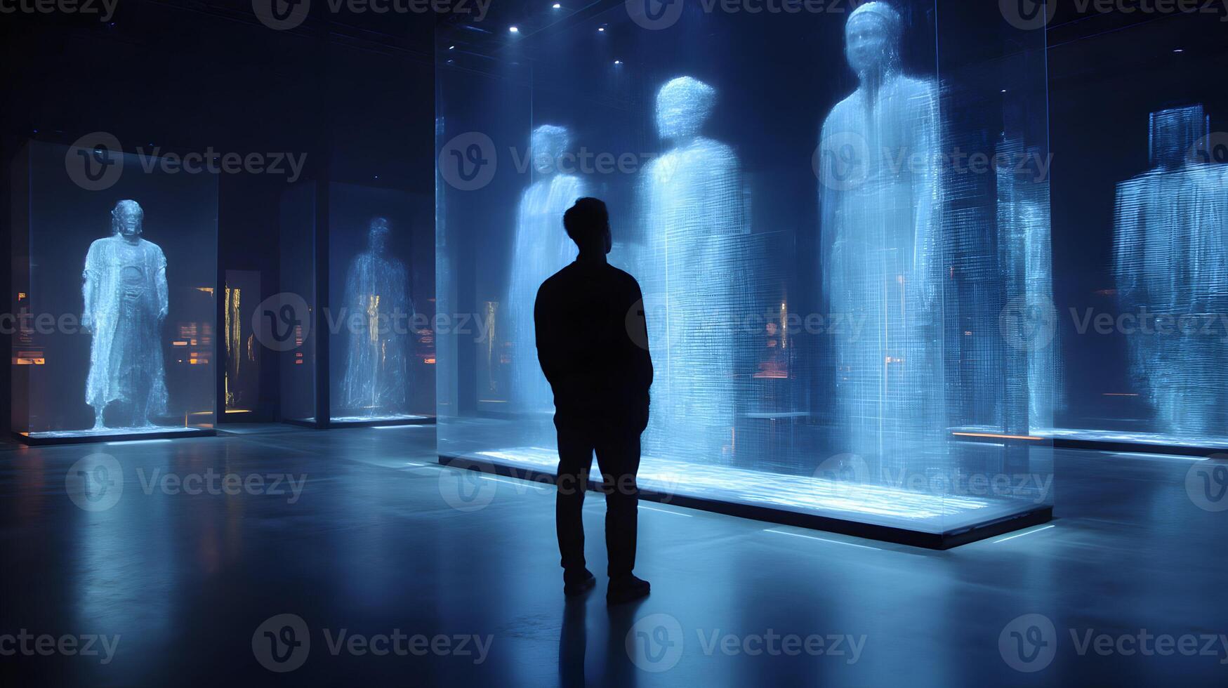 A man stands in awe before luminous holographic figures displayed in a dark futuristic gallery photo