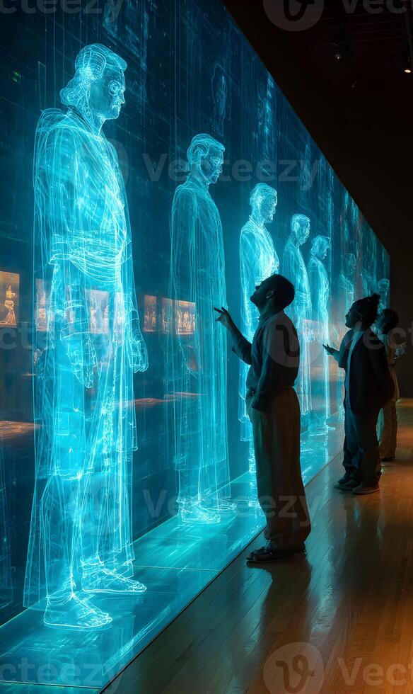 People gazing at digital figures showcased on the wall in an interactive modern museum exhibit photo