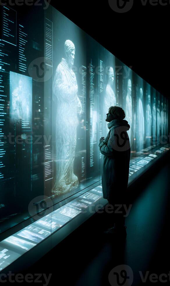 Woman exploring ancient history displayed with innovative digital technology photo