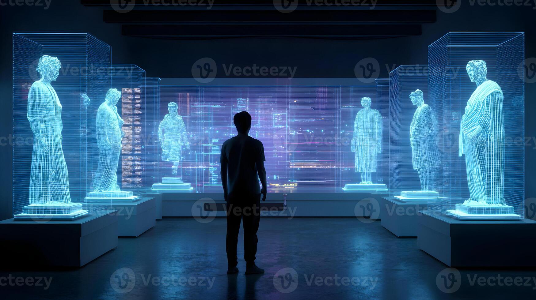Man contemplates digital statues in a futuristic museum showcasing human history photo
