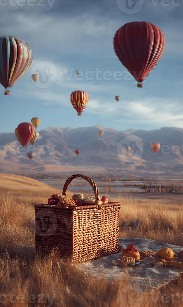 A delightful picnic scene featuring a basket, hot air balloons, and a serene mountain backdrop photo