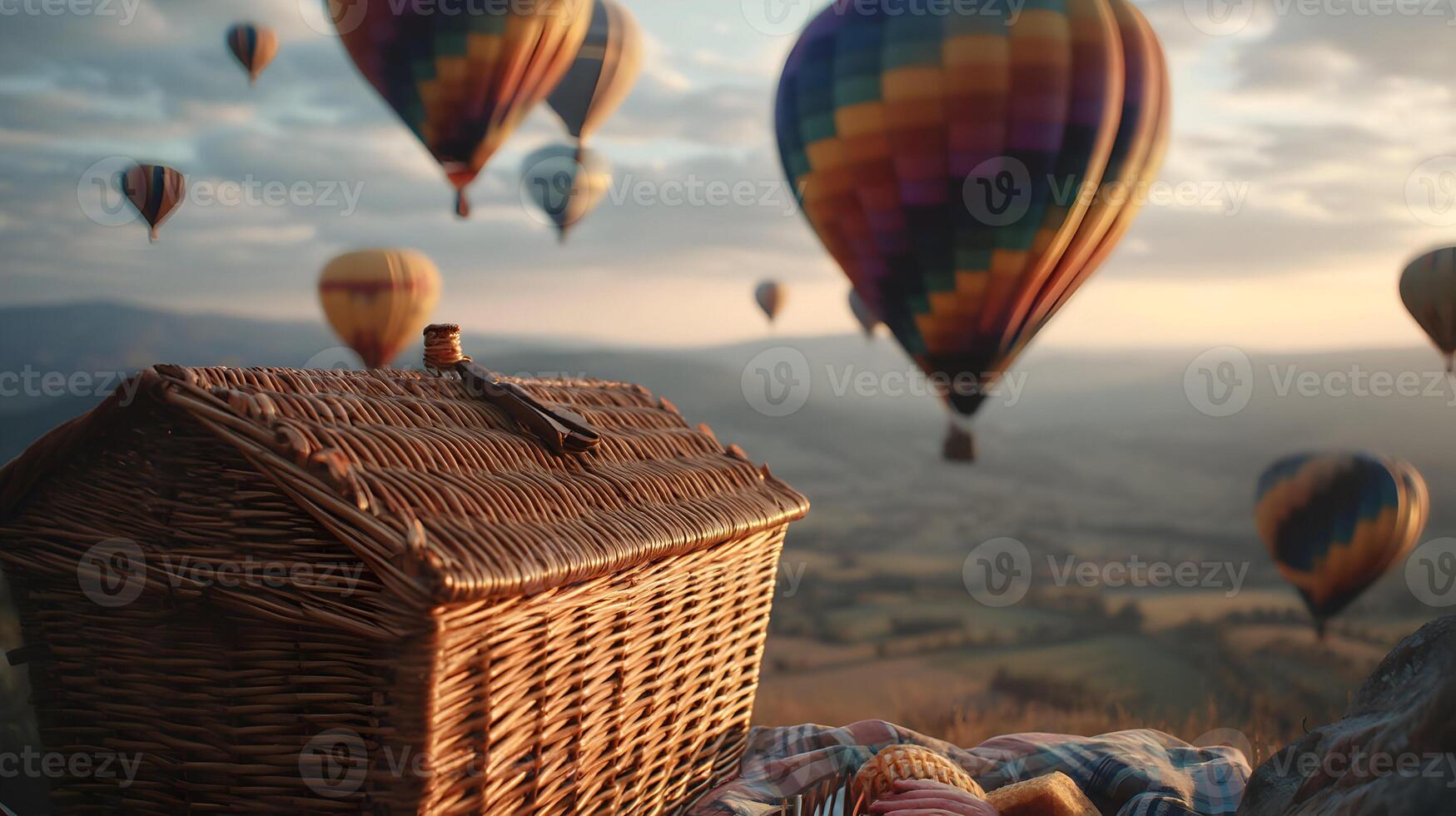 Dreamy getaway a picnic basket sits atop a mountain with hot air balloons softly dotting the sky photo