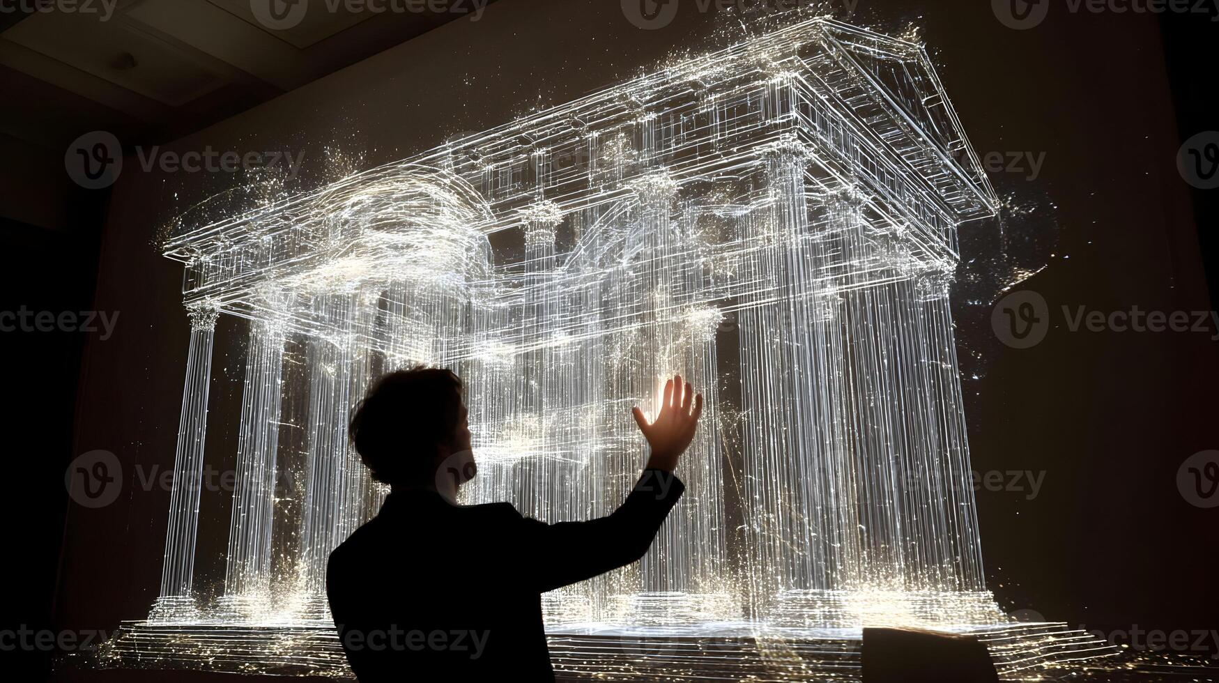 Man interacts with a virtual recreation of an ancient building in a dark environment creating a futuristic atmosphere photo