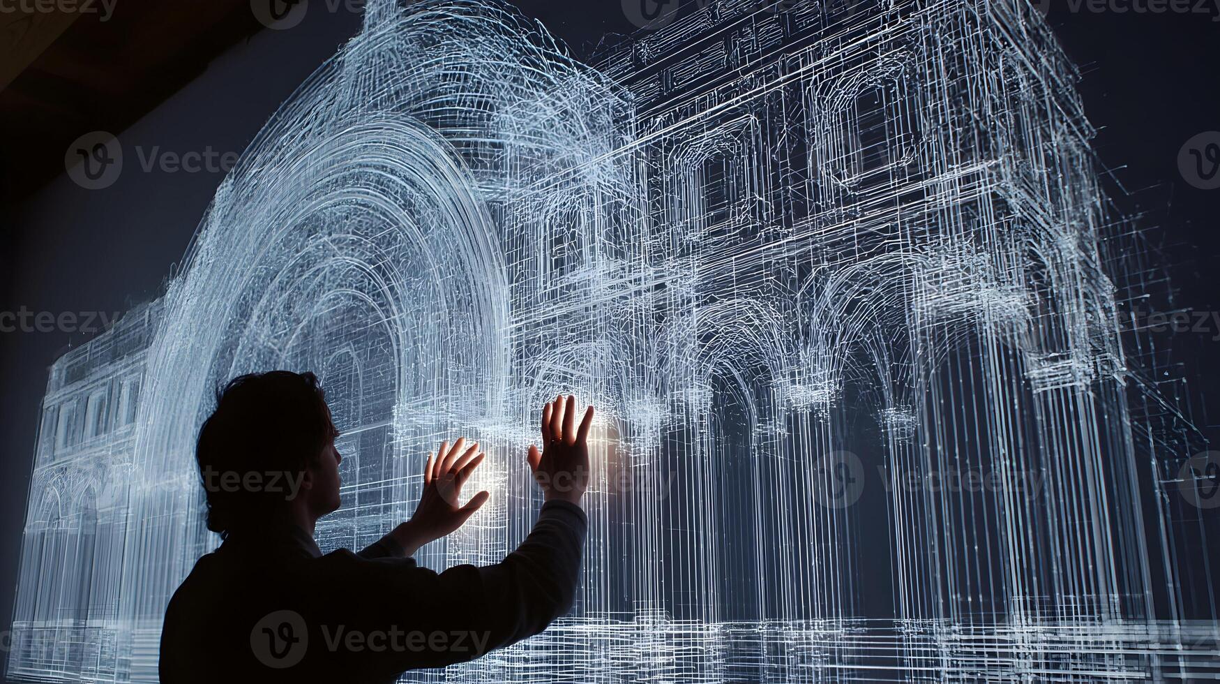 A man interacts with the digital architecture projection on a dark background indoor studio photo