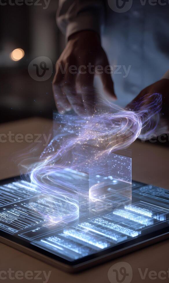 Augmented reality on a touch screen device with digital information floating above it photo