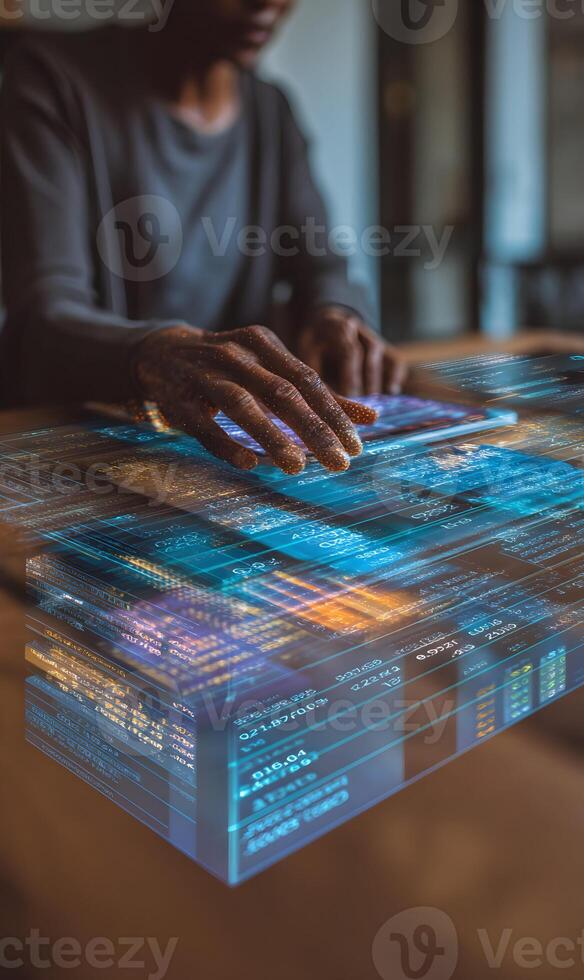 African woman interacting with virtual data interface for business analysis on a tablet photo