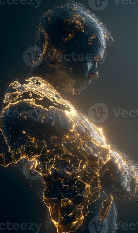 Conceptual person representing global connection with city lights as a symbol of humanity photo