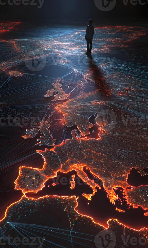 A solitary figure stands on a glowing map of Europe contemplating future connections photo