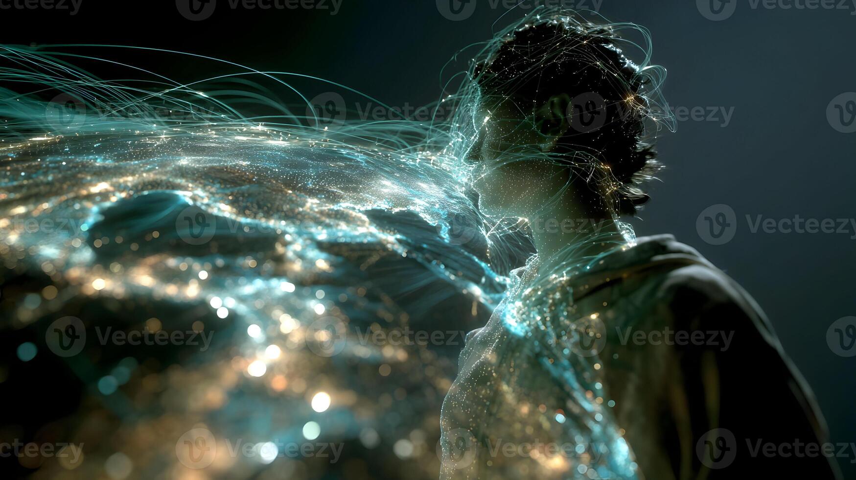 Futuristic human silhouette surrounded by glowing network of digital connections photo