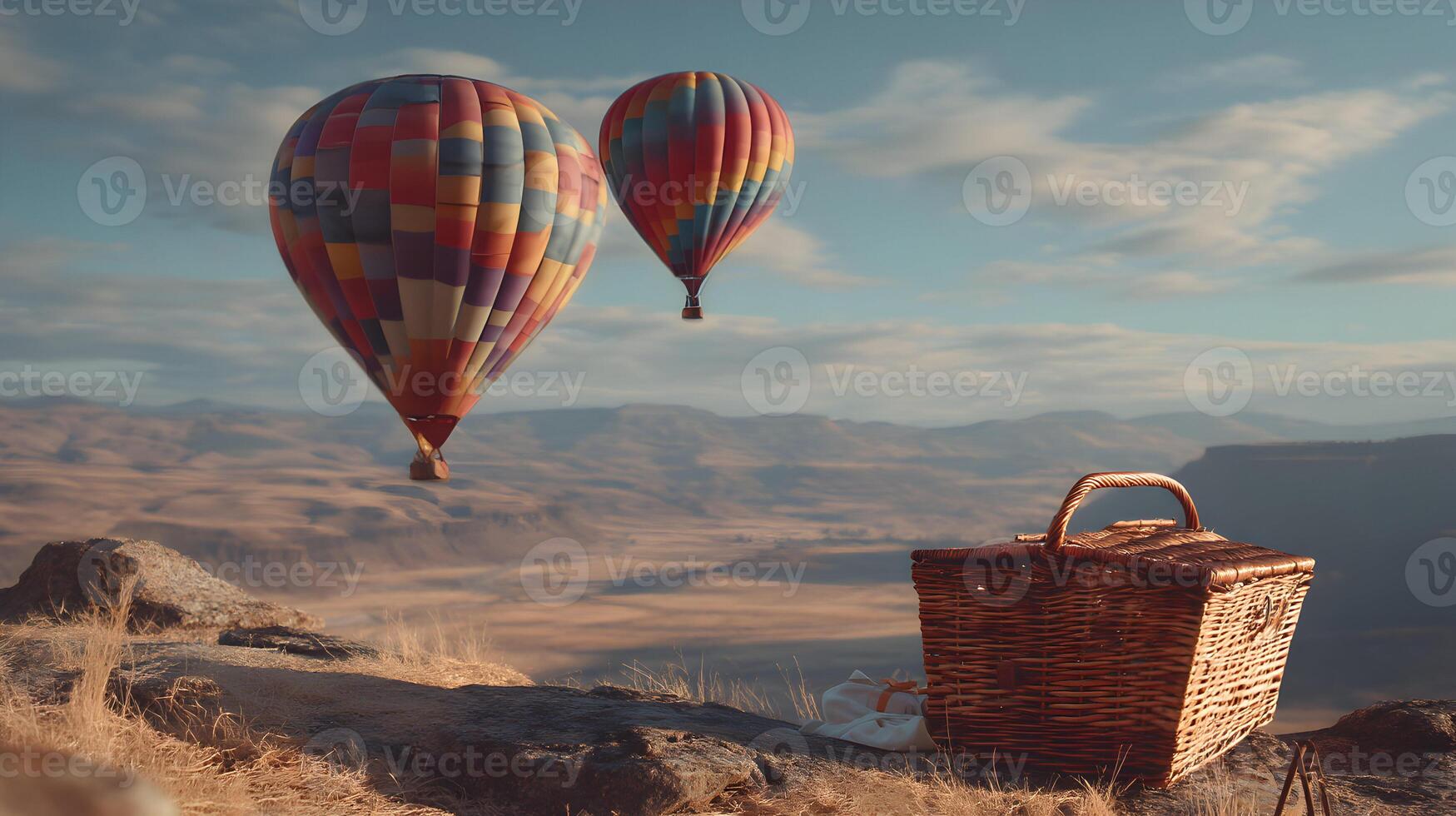 A scenic picnic with hot air balloons soaring against the serene backdrop of expansive landscapes photo
