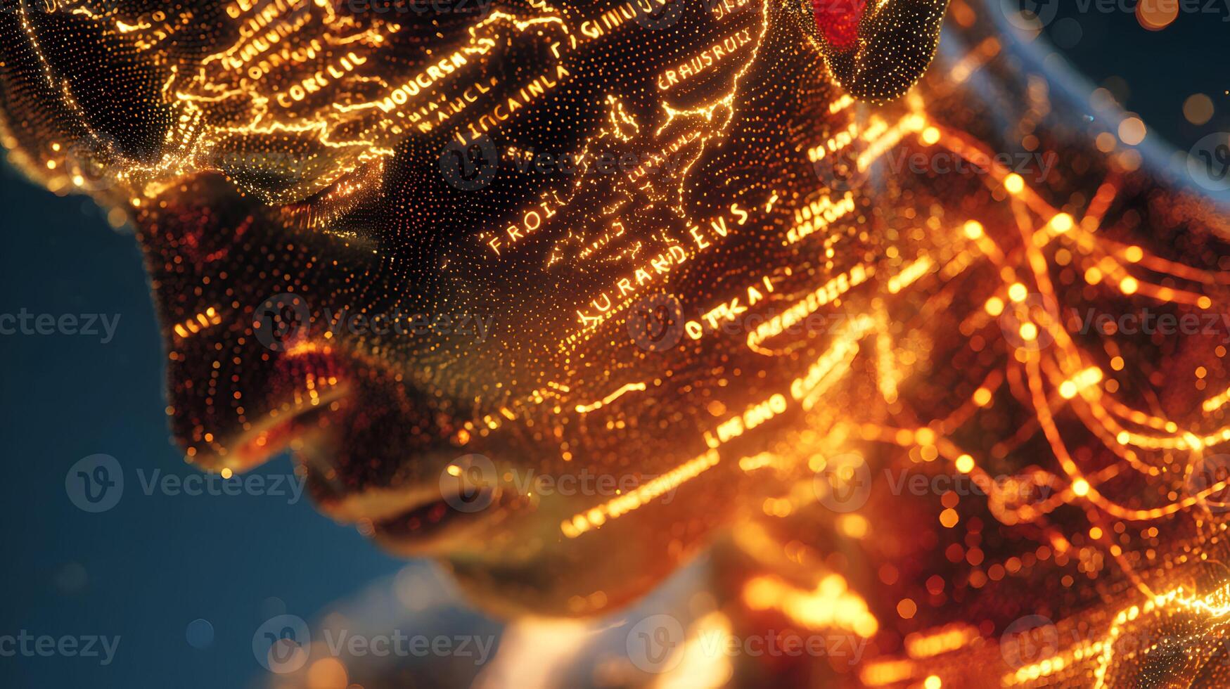 Abstract conceptualization of a human head with illuminated points and text labels photo