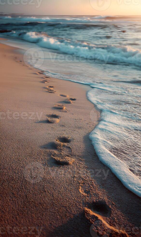 Footprints in the sand lead towards the ocean under a warm sunset light creating a peaceful scene photo