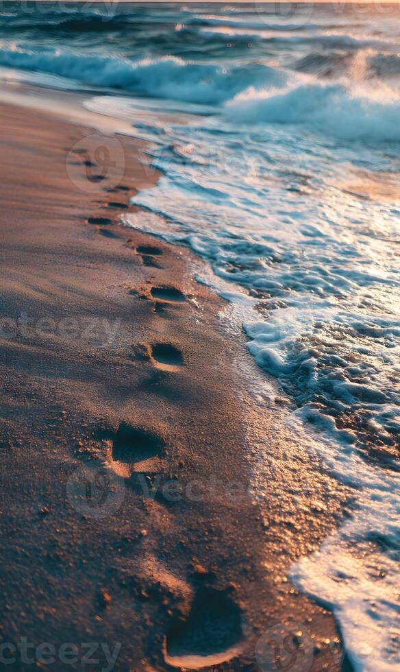 Golden hour footprints on the beach with soft waves embracing the shore beautifully photo