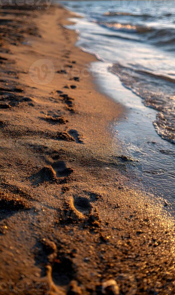 Footprints in the sand disappear with each tide near the gentle waves on the beach photo