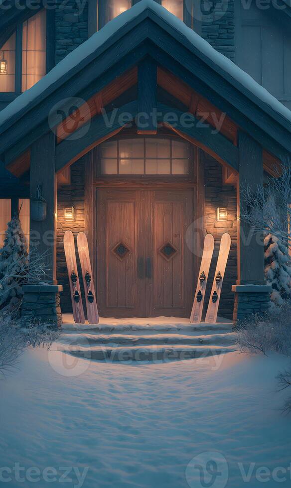 Ski lodge entrance in winter with skis leaning against door awaiting guests photo