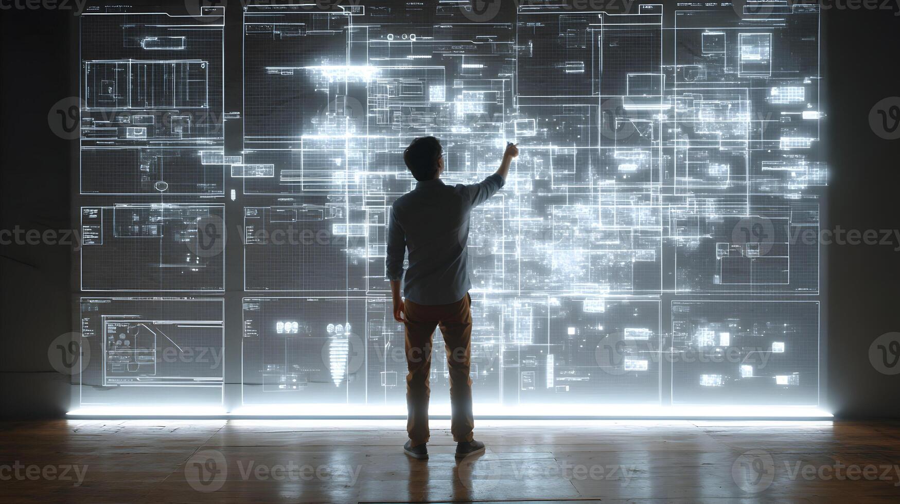 A person standing in front of a large screen displaying complex data and information analysis photo