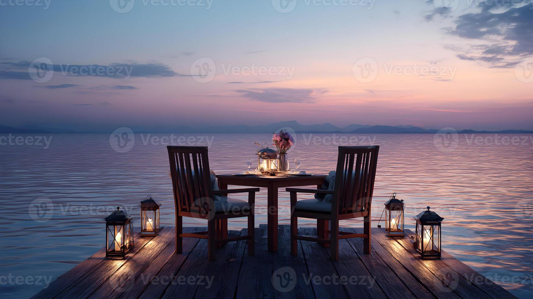 Romantic dinner setting on a wooden pier overlooking a serene lake at twilight creating an intimate atmosphere photo