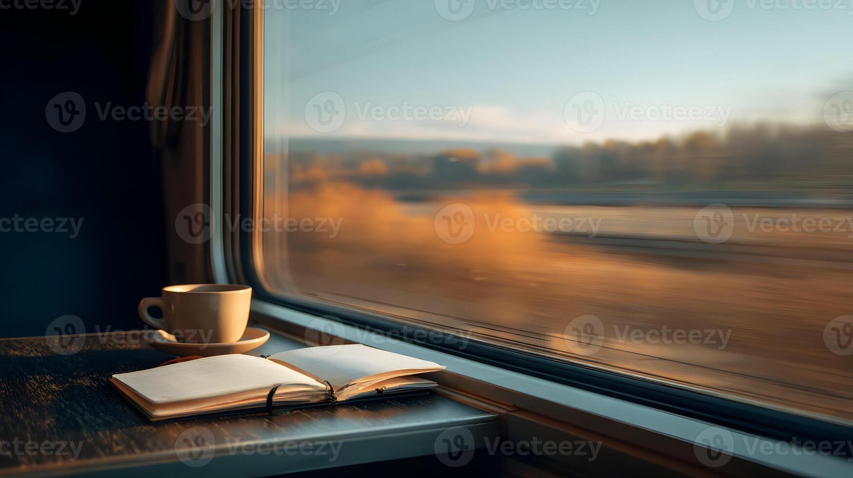 Cozy train journey featuring a warm drink and an open notebook by the window scenery photo