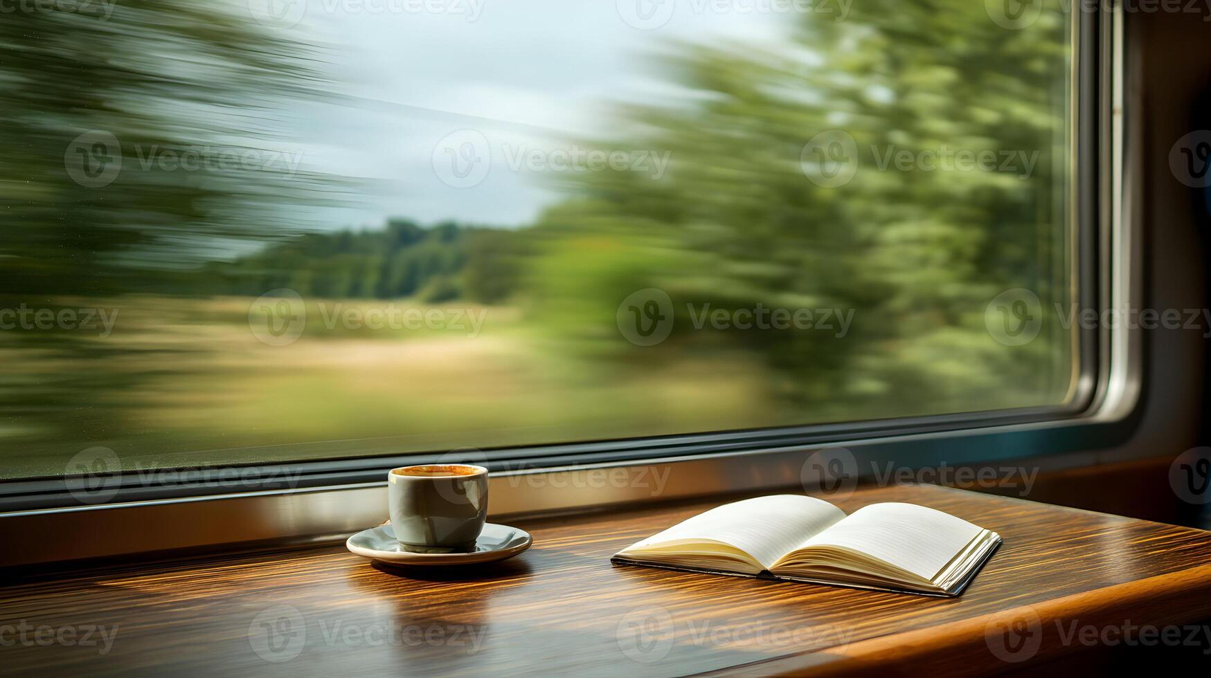 A cozy train ride with coffee and a book watching the green countryside pass by outside photo