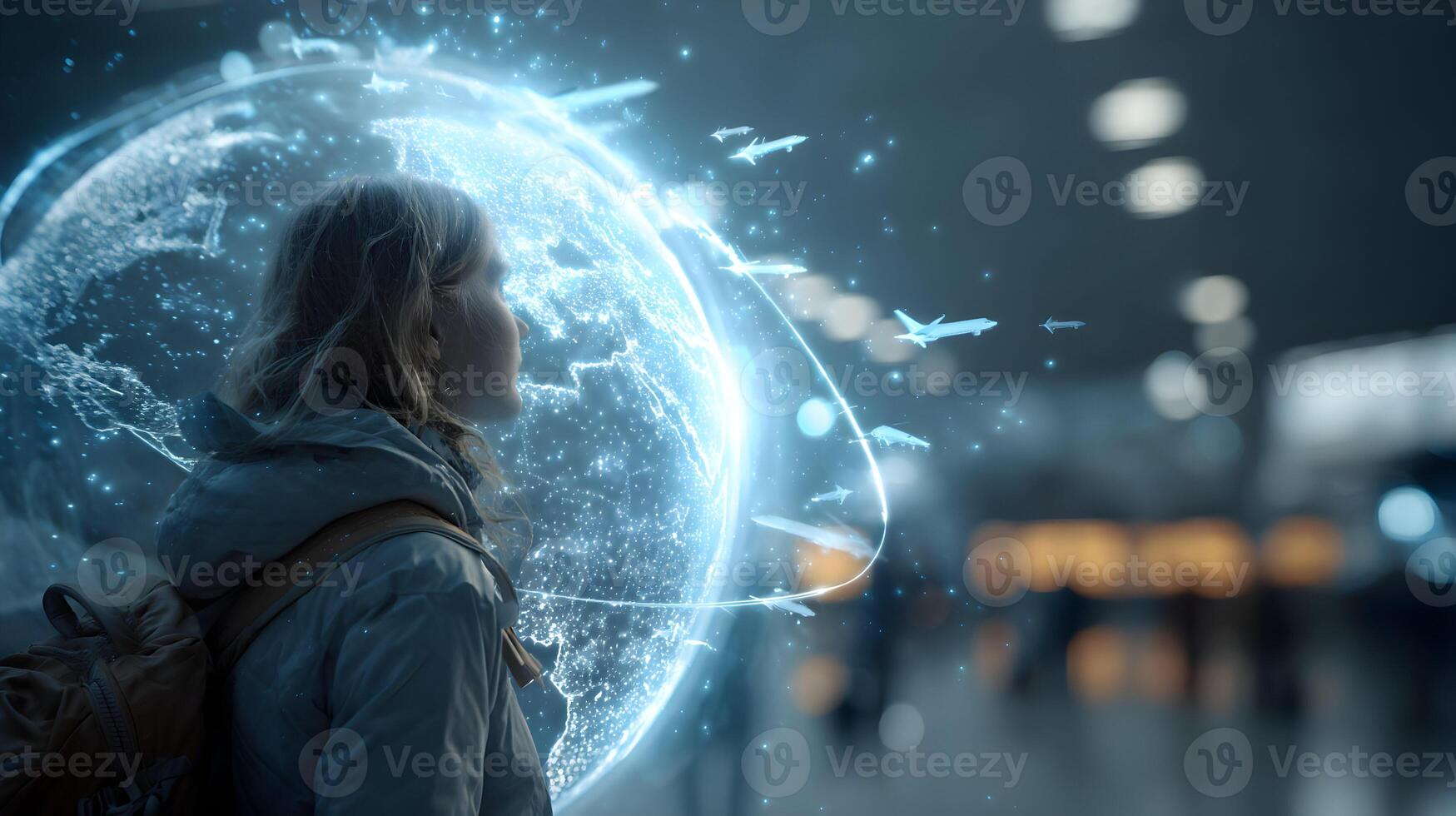 Dreaming of global travel and worldwide connection through modern flight networks photo
