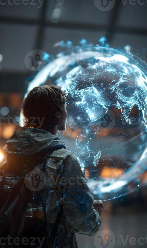 Young man staring at a glowing earth hologram future concept with technology and exploration photo