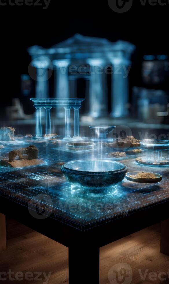 A captivating hologram display of archaeological artifacts and ancient architecture shines in blue photo