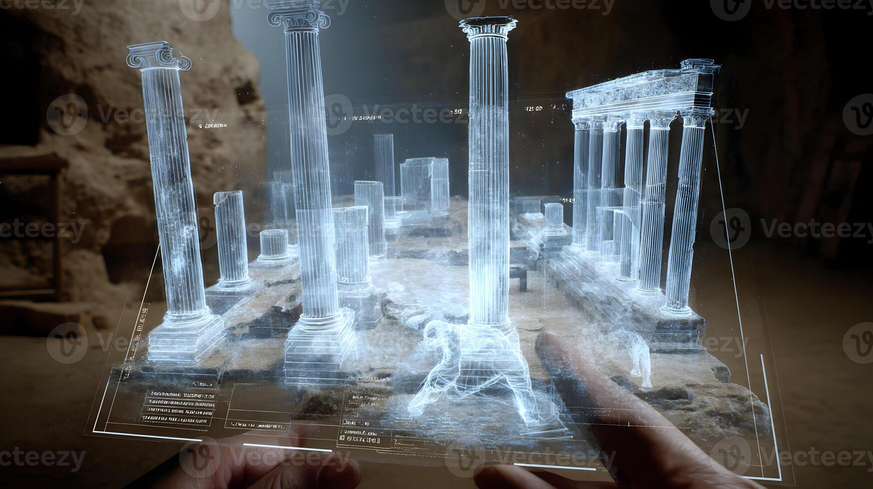 Augmented reality displaying ancient ruins with digital reconstruction and interactive elements photo