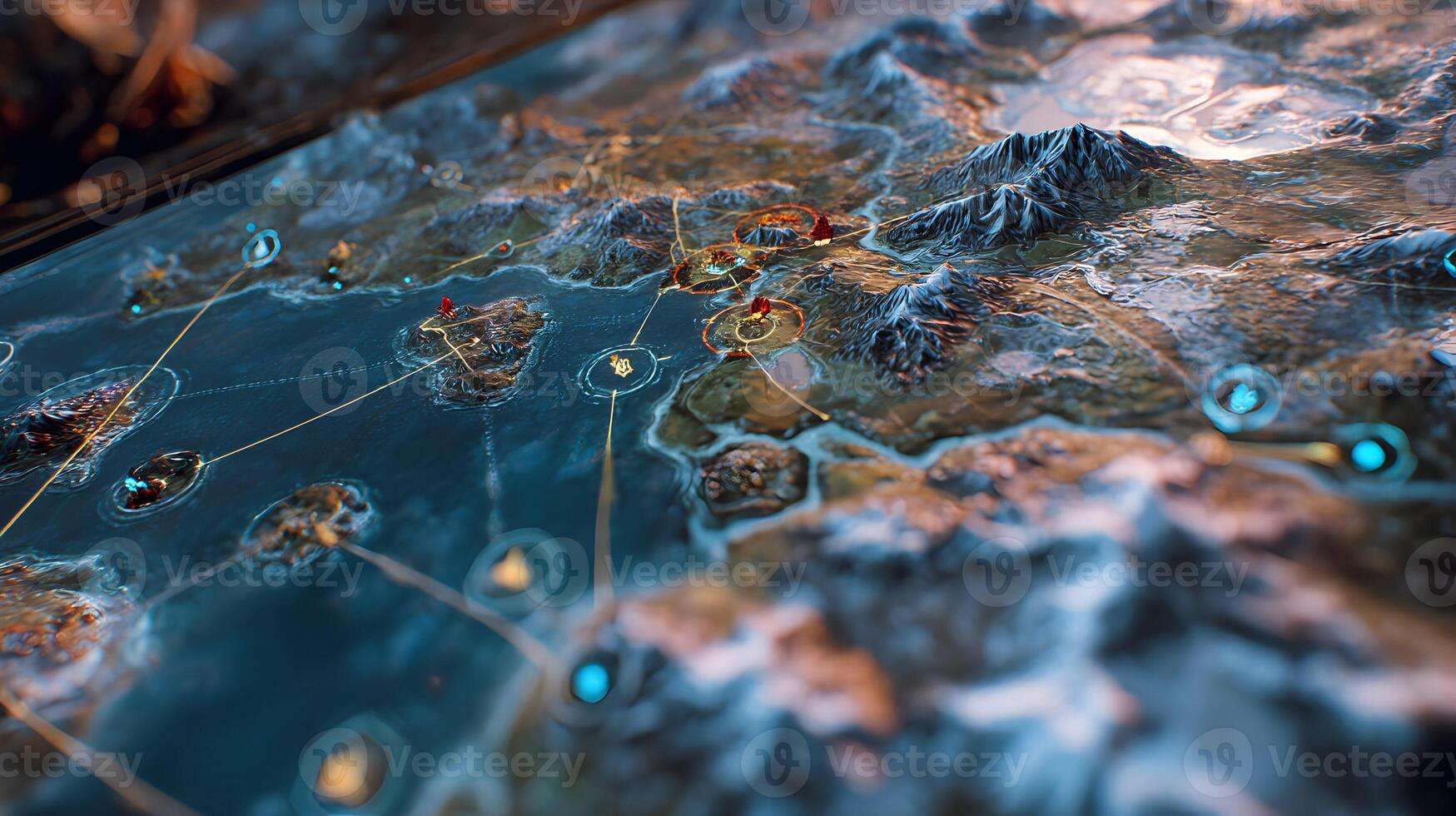 High angle shot of a digital tabletop game featuring terrain islands and mountainous regions photo