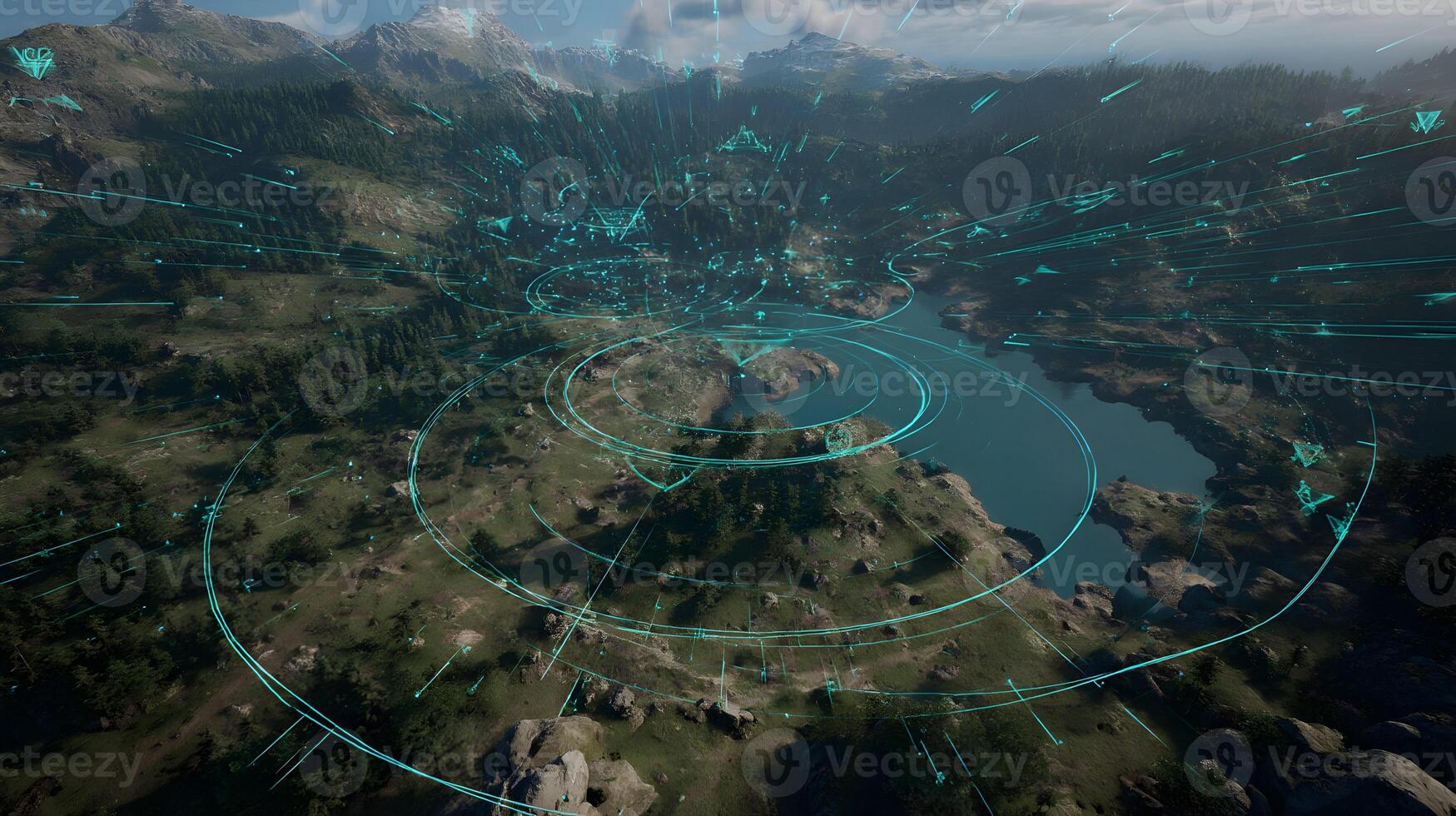Futuristic landscape with digital augmentation highlighting natural features aerial view photo