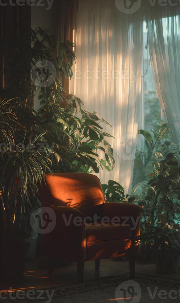 Vintage armchair embraced by indoor greenery, illuminated by soft window sunlight creating a calming ambiance photo