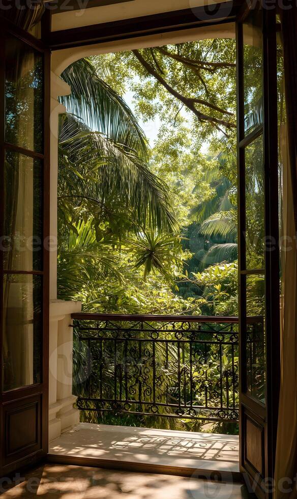 Tranquil view of lush tropical garden from open balcony window showcasing abundant greenery photo