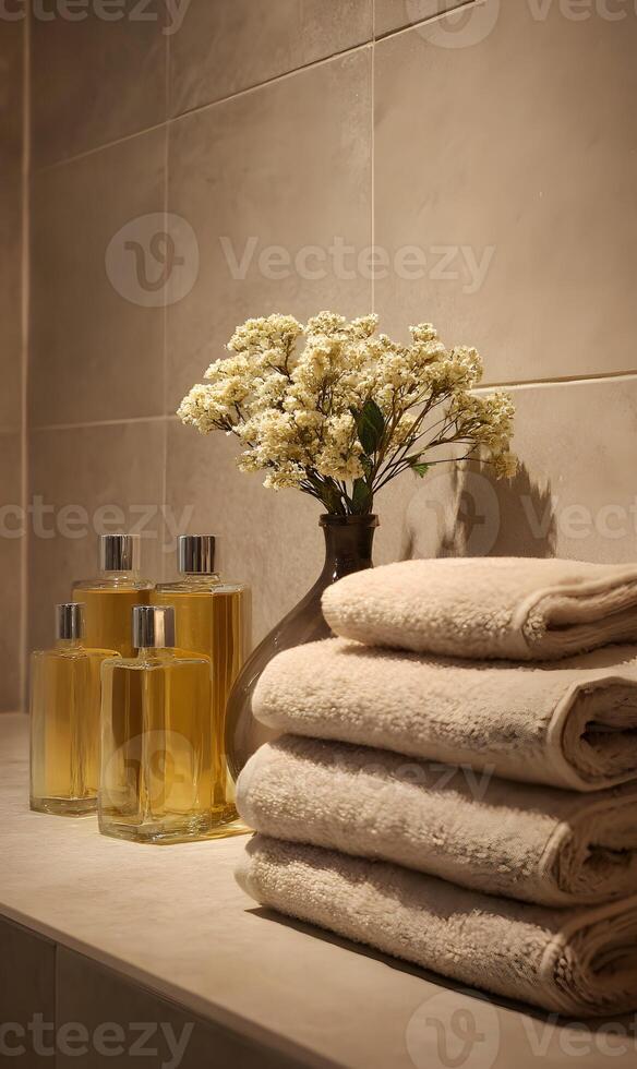Elegant bathroom composition featuring soft towels, fresh flowers, and stylish glass bottles photo