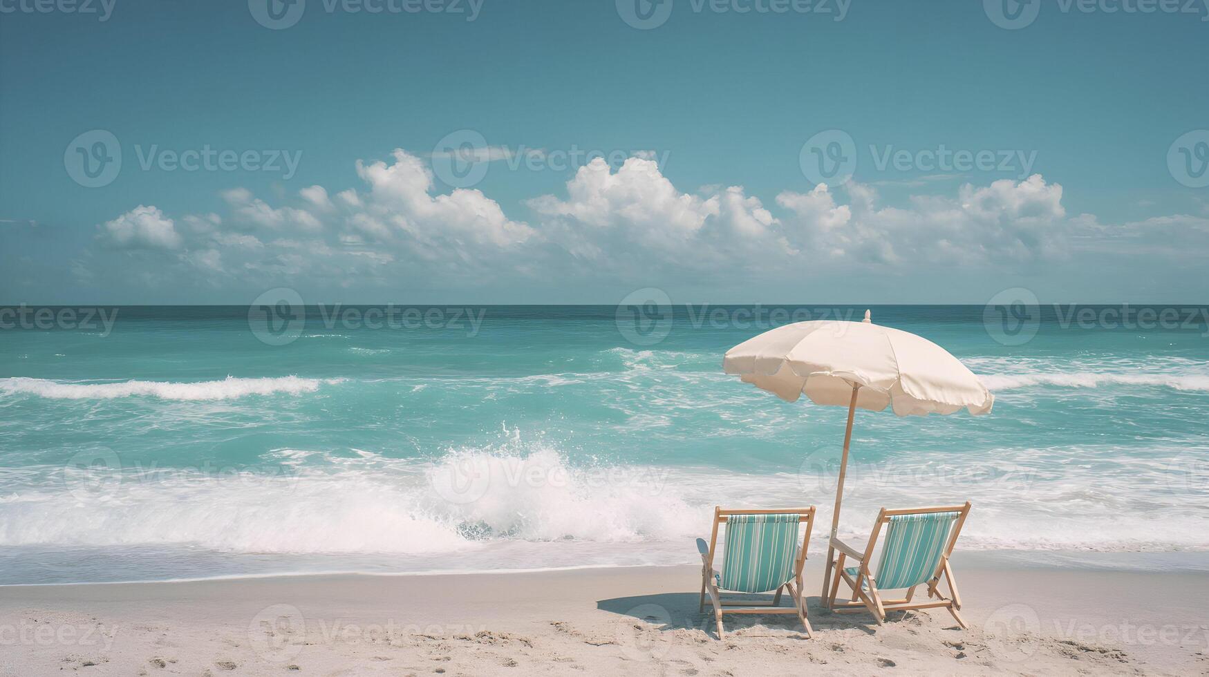 Idyllic beach scene featuring lounge chairs and sun umbrella on the serene shoreline photo
