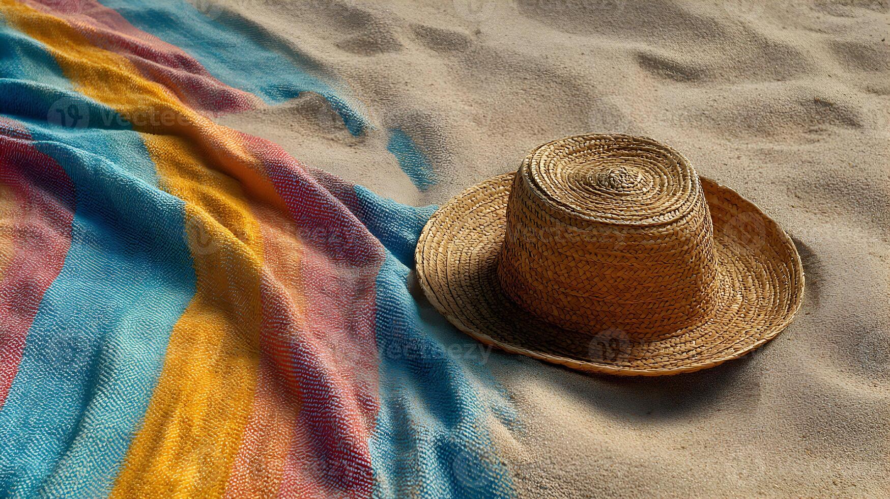 Beach relaxation with a straw hat and colorful towel on the soft golden sand near the ocean photo